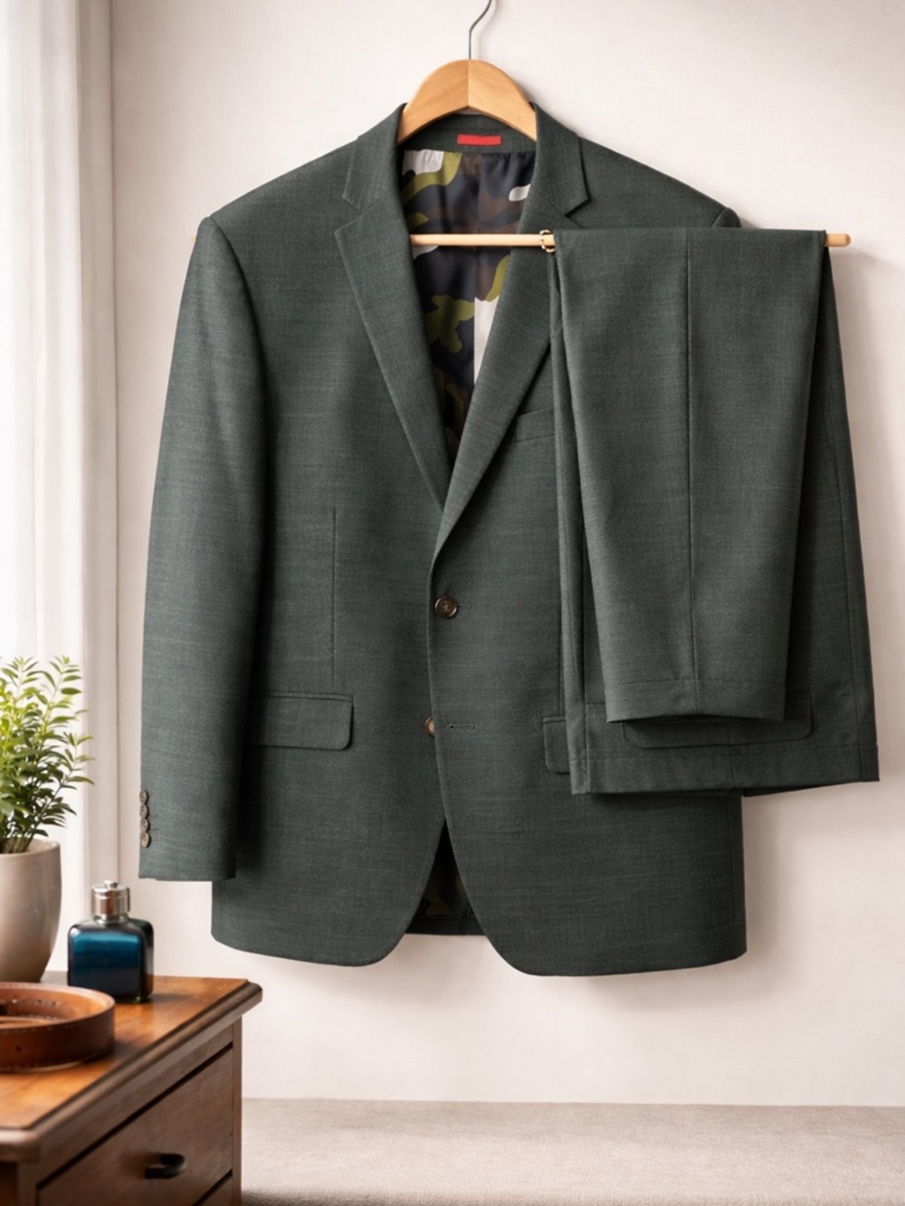 FUBU Dark Green Two-Piece Suit with Camo-Lined Jacket